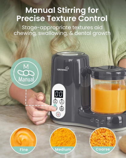 Grownsy Baby Food Maker with Steam Basket, One Step Baby Food Processor Steamer Puree Blender Grinder Mills Machine, Auto Cooking Grinding and Sterili-zing for Healthy Homemade Baby Food, Dark Grey