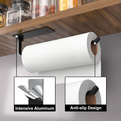 Paper Towel Holder, Self-Adhesive or Drilling, Matte Black Under Cabinet Rack for Kitchen Roll Holder
