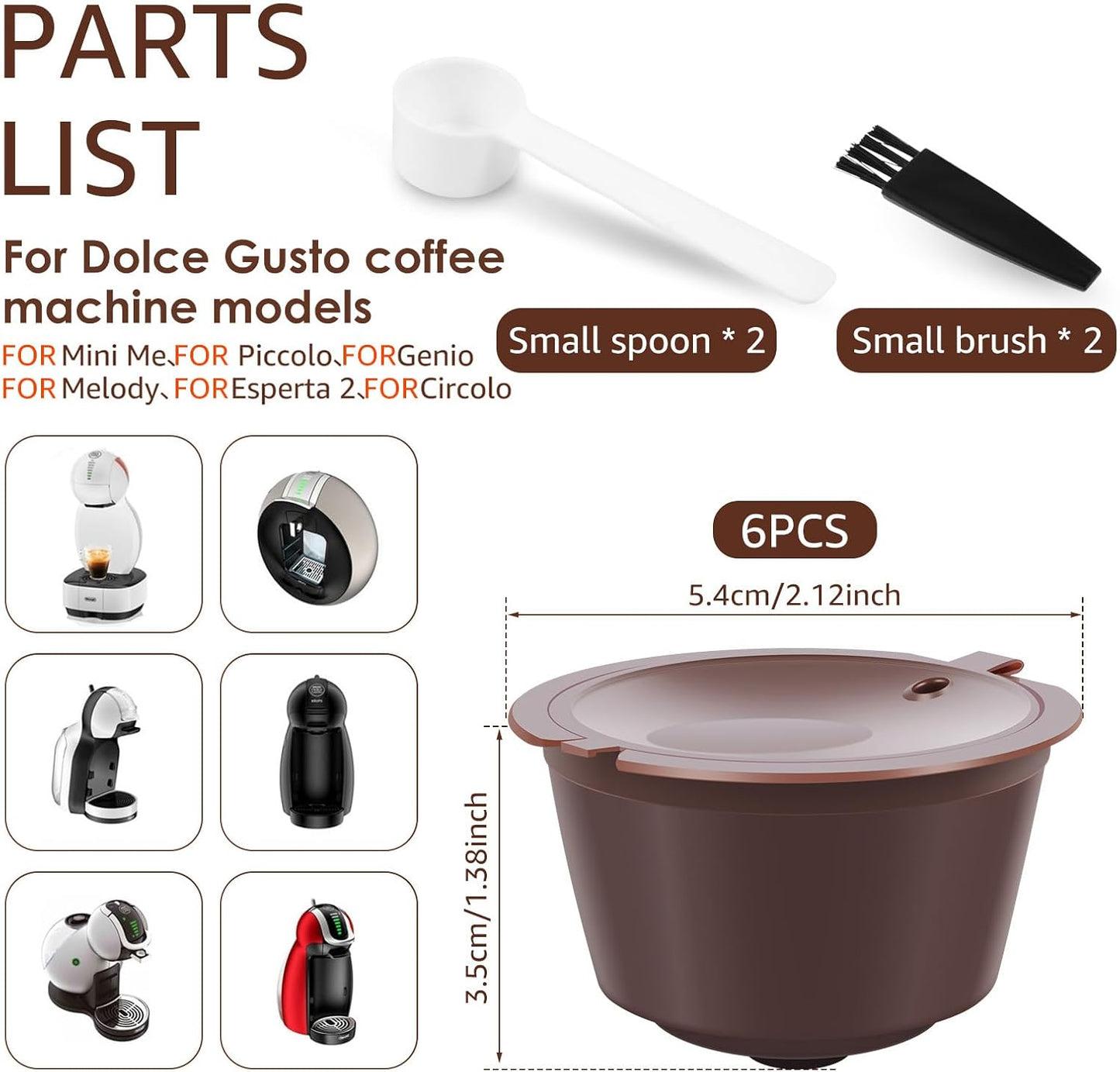 6 Pcs Refillable Coffee Pods Kit, 5.4x3.5 cm Food Grade PP Coffee Capsule with 2 Spoon and 2 Brush