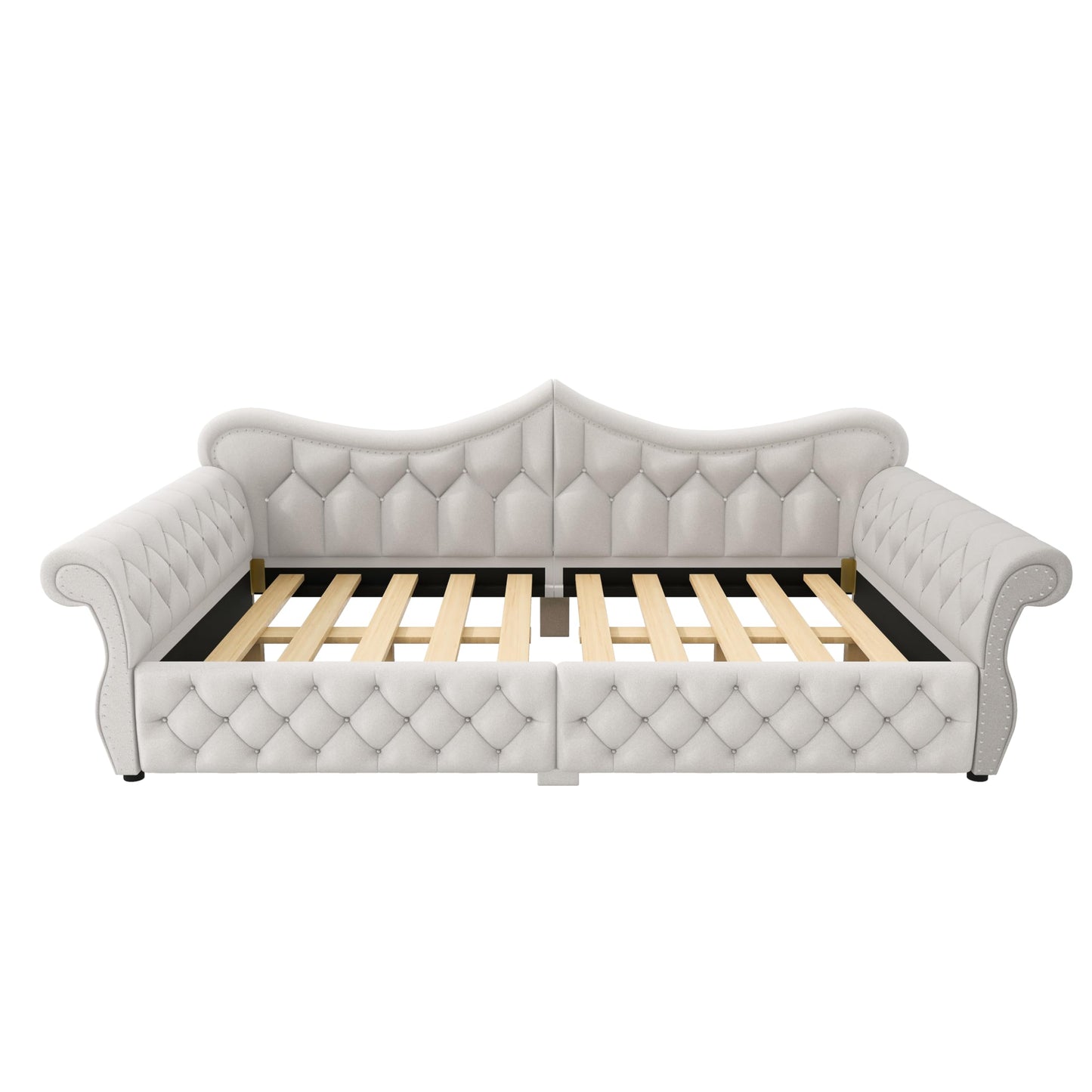 Merax Queen Size Upholstered Daybed with LED Lights & Nail Head Decoration,Convertible Sofa Bed with Tufted Diamond Upholstery,Rolled Armrests,No Box Spring Needed for Living Room,Beige