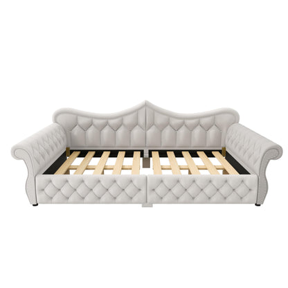 Merax Queen Size Upholstered Daybed with LED Lights & Nail Head Decoration,Convertible Sofa Bed with Tufted Diamond Upholstery,Rolled Armrests,No Box Spring Needed for Living Room,Beige