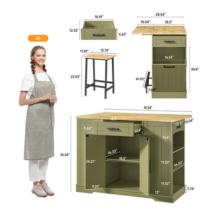 ONBRILL Stationary Kitchen Islands Include 2 Chairs, 47" Kitchen Island with Drop Leaf, Home Bar Table with Spice Rack & with Trash Cabinet, Island Table for Dining Room with Power Outlet, Green