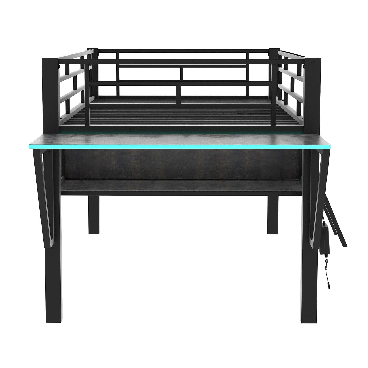 Merax Mid Loft Bed Twin Size with Desk, Metal Gaming Loft Bed with LED Light, for Teens & Adults, Black