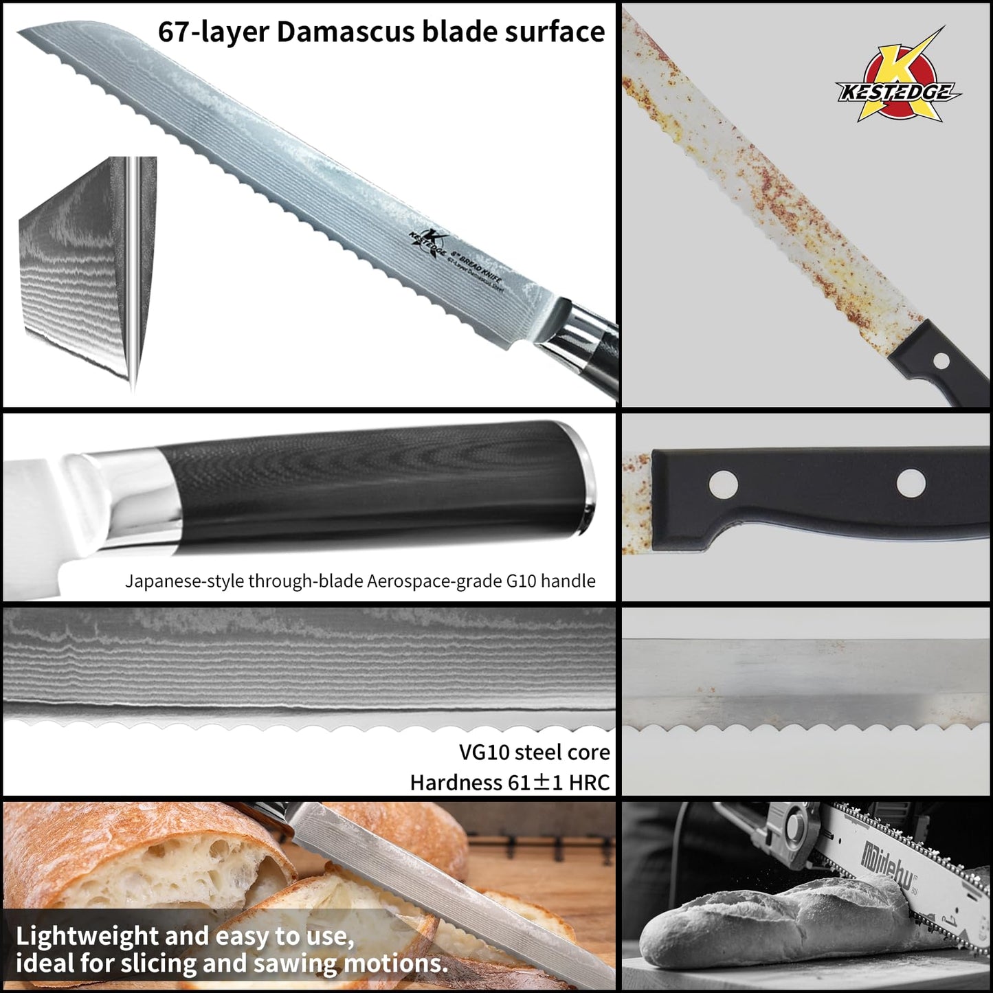 KESTEDGE 8-Inch Serrated Bread Knife - Damascus Japanese VG-10 High Carbon Steel - Professional Sourdough Knife for Homemade Bread, Cake & Artisan Loaves