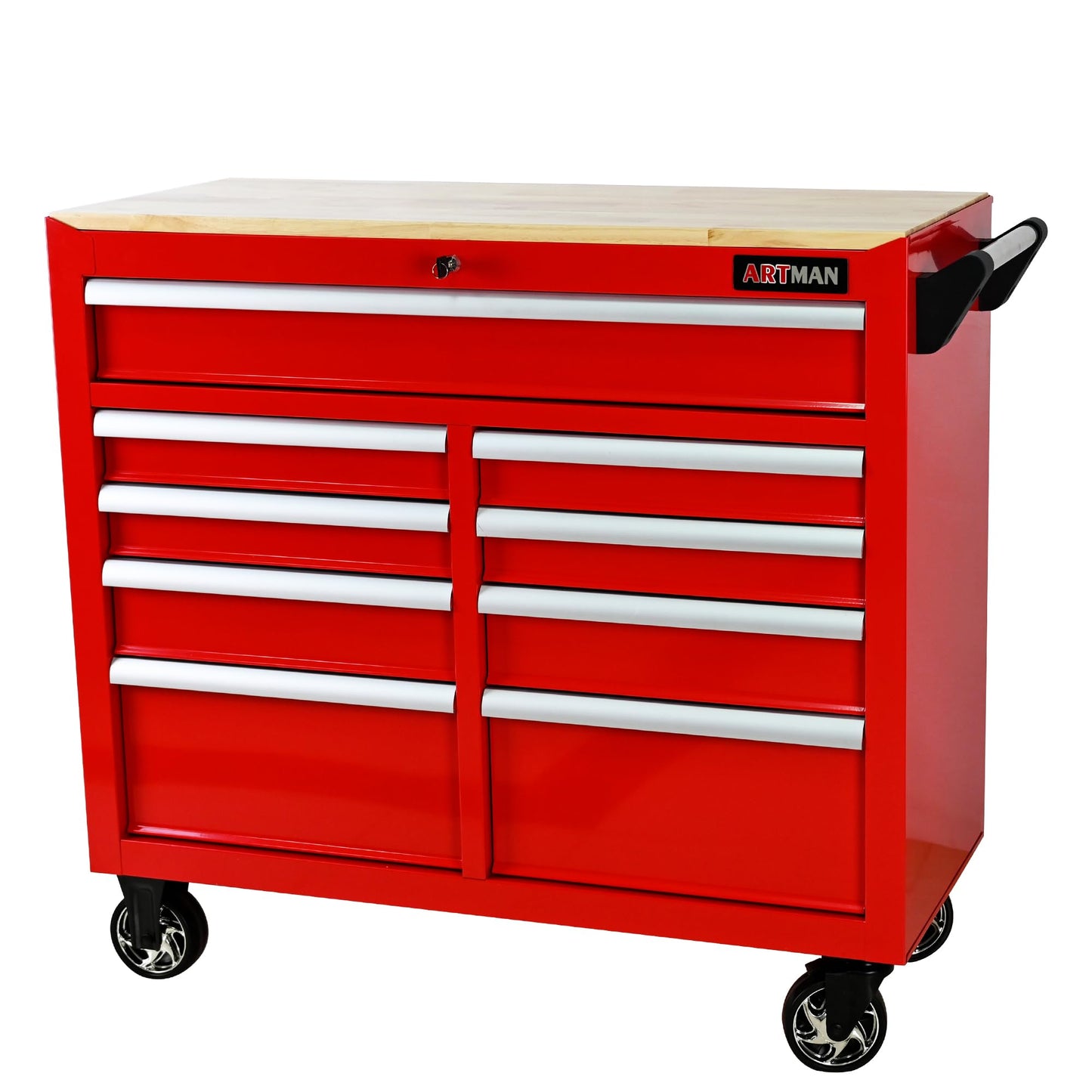 KEIKI 9 Drawer Rolling Tool Cart with Wooden Top, Metal Tool Cabinet with Wheels and Handle, Heavy Duty Storage Organizer for Garage Workshop (Red)
