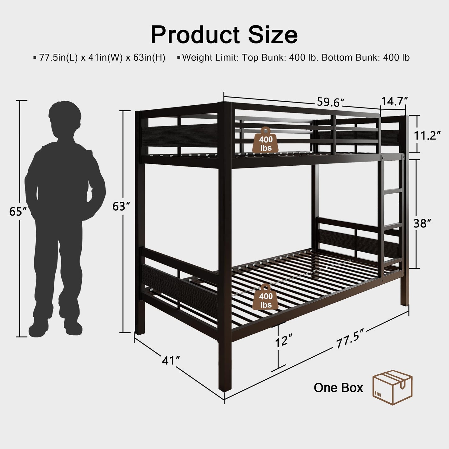 Einhomn Bunk Bed Twin Over Twin, Heavy Duty Metal Bed with Ladder and Full-Length Guardrail, Under-Bed Storage Space, No Box Spring Needed, Noise Free, Black