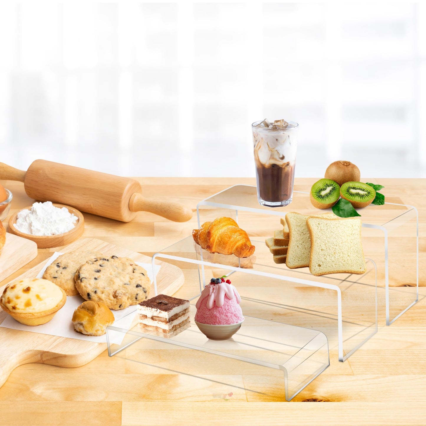 Jusalpha 6 PC 10'' Large Clear Acrylic Riser Set, Acrylic Display Risers Shelf Showcase Fixtures for Jewelry, Display Stand for Amiibo Funko POP Figures, Cupcakes, Food Display, Cabinet- 10 x 3.9 x 3.9 in