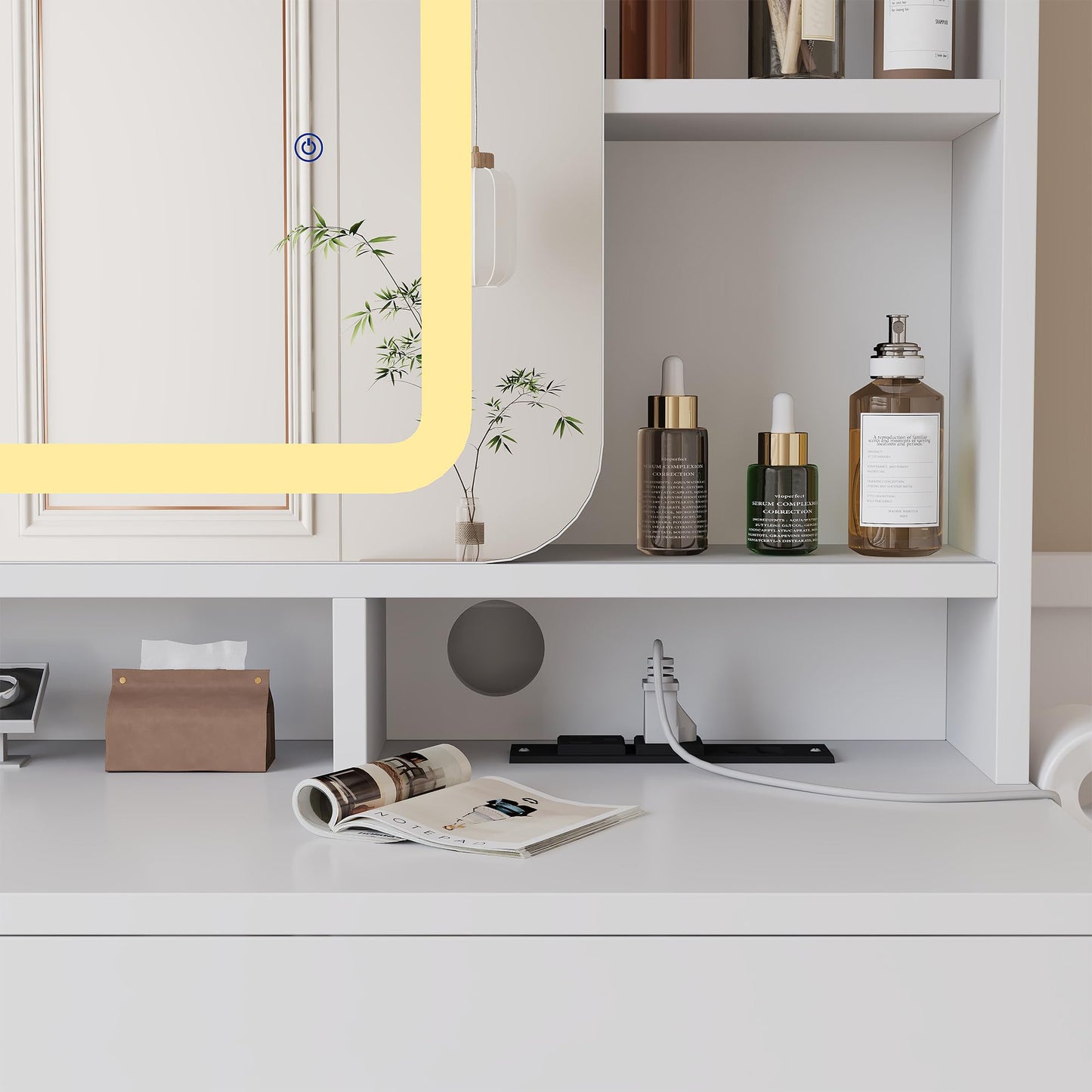 GOCAPTAIN Vanity Desk Makeup Vanity Table with Slides Mirror LED Lights 3 Intensities, Dressing Table Set with Stool, 5 Storage Shelves 2 Drawers, Plugboard and Hanger, 15.8" x 39.4" x 54.3"