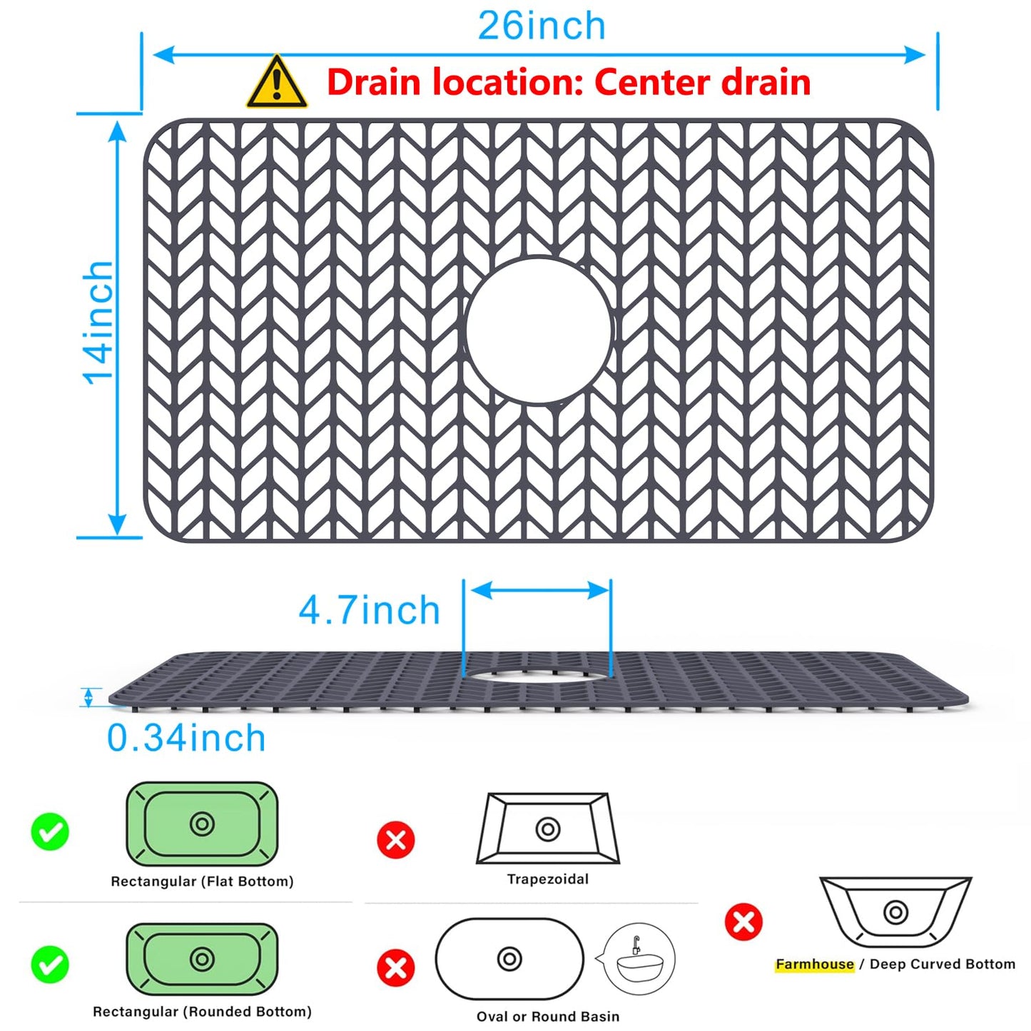 JIUBAR Sink protectors for kitchen sink |12"13"16"18"19"24"26"28"29"30"silicone sink mat| Silicone Kitchen Sink Mat Grid for Bottom of Farmhouse Stainless Steel Porcelain Sink(26"x 14" Center Gray)