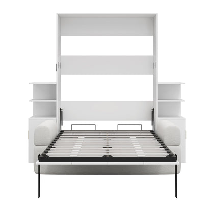 Ball & Cast Murphy Bed Full Size Murphy Beds with Sofa and Storage Cabinets,Wood Wall Hideaway w/Slat Support,can be Folded,Space-Saving,for Small Room,Dorms,White