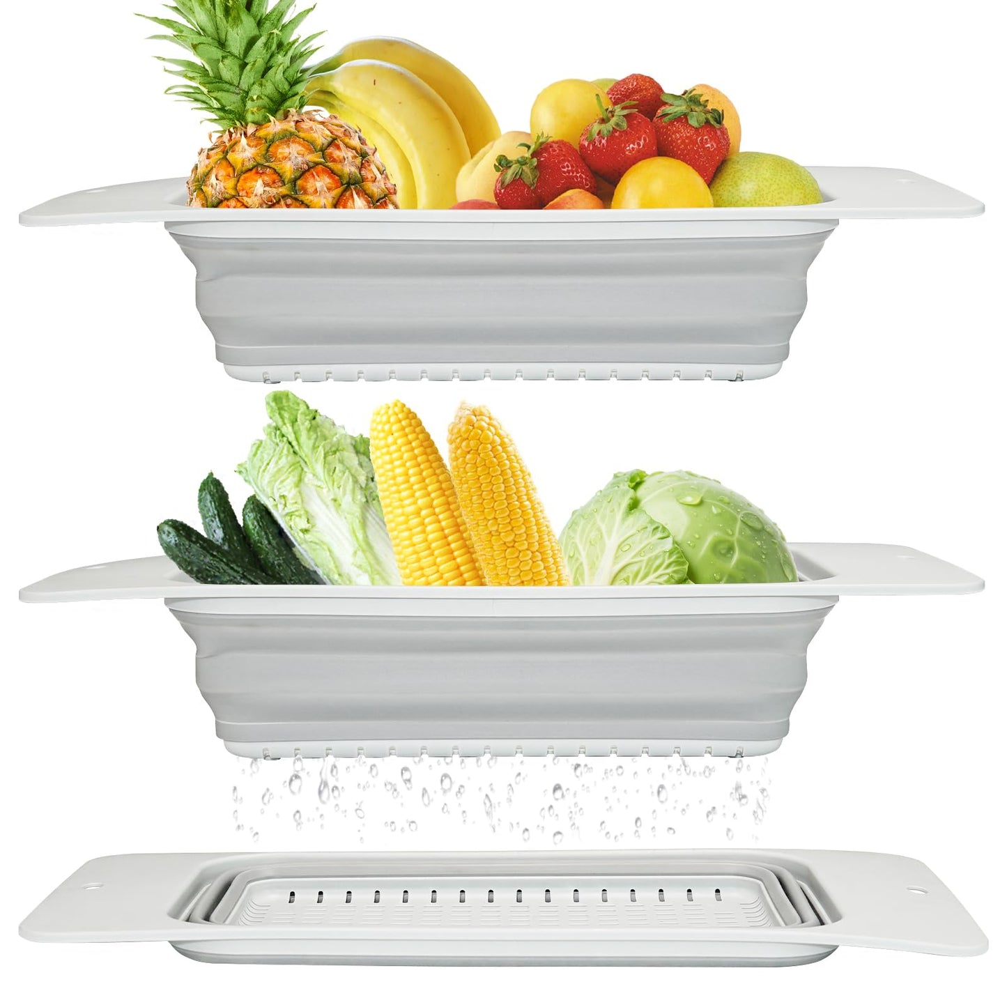 Rictine Collapsible Colander Silicone Kitchen Strainer, Over The Sink Strainer Basket for Wash Vegetables and Fruits, Drain Cooked Pasta and Dry Dishes, New Kitchen Essentials - Gray