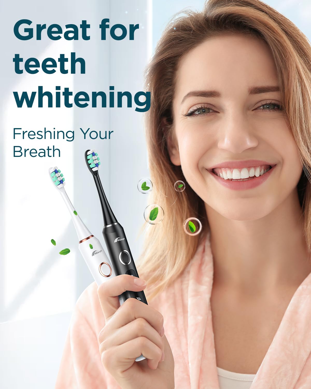 Rtauys M5 Sonic Electric Toothbrush for Adults and Kids - Rechargeable Electric Toothbrush Kids Ages 12+ and Adults with 8 Brush Heads & Travel Case, 120 Days Battery Life - Pink