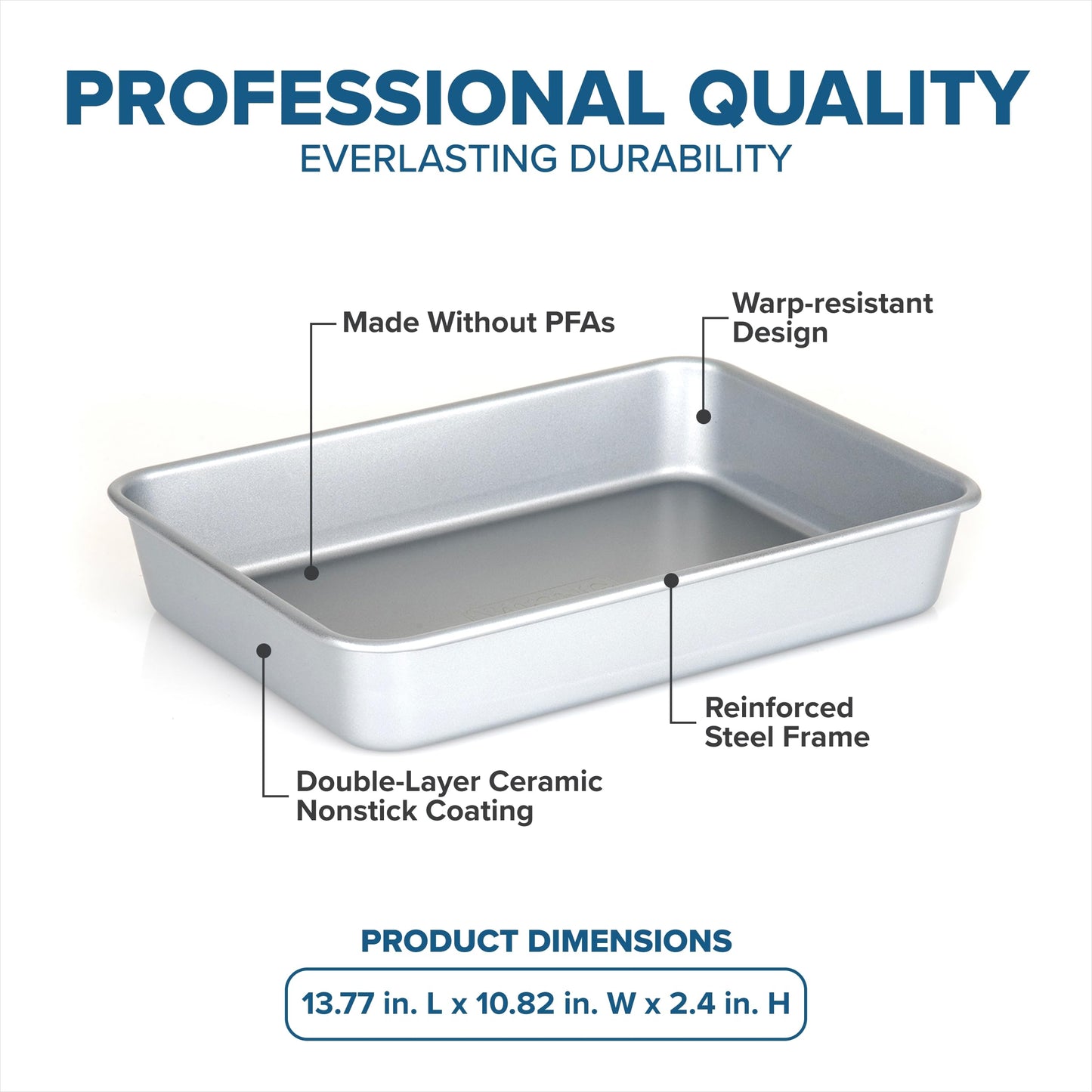 Viking Premium 13 x 9-Inch Nonstick Ceramic Roasting Pan, Made without PFAS, Heavy Gauge Aluminized Steel Baking Pan Sheet with Reinforced Iron Frame, Even Heating Cookware, Oven Safe to 475F, Silver