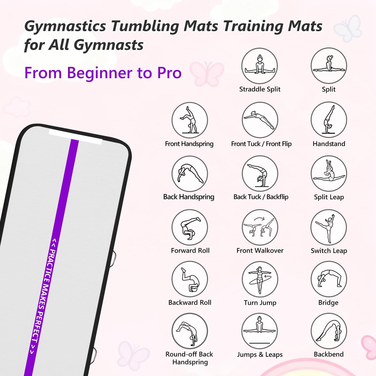 16 ft VOFiTNY Inflatable Gym Mats 4'' Thick Air Mat Tumble Track for home/gymnastics/cheer/tumbling