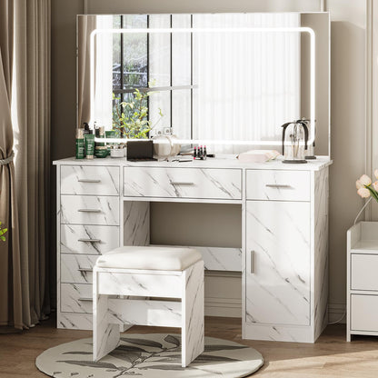 IDEALHOUSE Modern Vanity Desk with Large LED Mirror – 7 Drawers, Power Outlets, USB Ports, Hair Dryer Holder, 3-Mode Lighting, Stool, Cabinet – Marble White