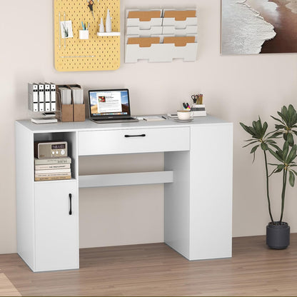 LDAILY Sewing Machine Table, Sewing Desk with Storage, Drafting Writing Sewing Station with Storage Cubes,1 Cabinet, 1 Drawer, 2 Adjustable Shelves, Artwork Craft Table for Home Office, White