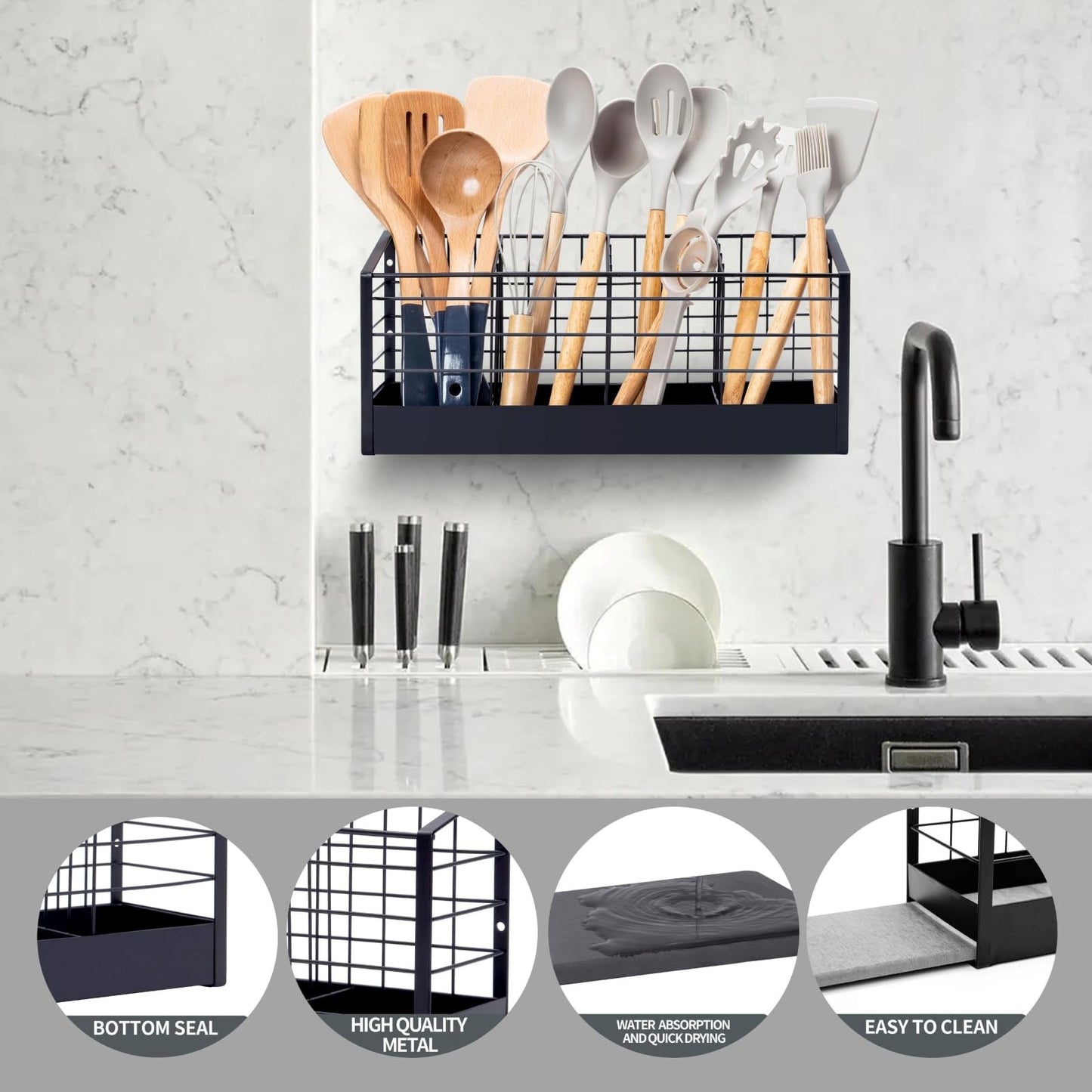 Dual-Use Large Utensil Holder with Effective Bottom Fence for Kitchen Counter & Wall Mount, 4-Compartment Organizer with Diatomaceous Earth Drying Mat, Holds 40 Cooking Tools, Iron, Matte Black 16 in