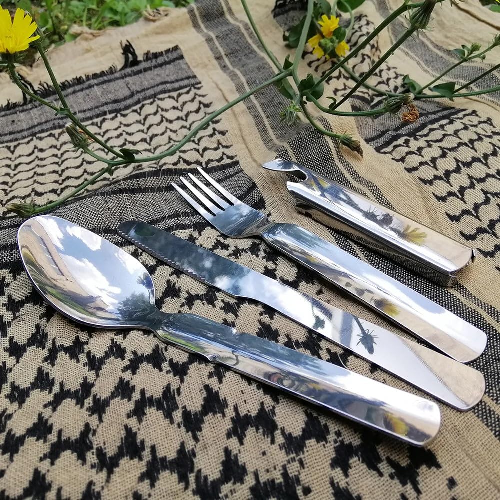 M‑Tac 4‑in‑1 Camping Utensil – Spoon, Fork, Knife & Bottle/Can Opener Combo – Compact Stainless Steel for Hiking & Survival