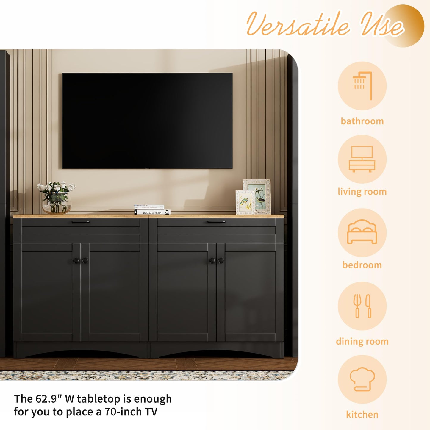 Ball & Cast Farmhouse TV Stand with 2 Drawers for TVs up to 70",Wood Grain Sideboard Buffet Cabinet w/Rustic Handles and Adjustable Shelf,Entertainment Center for Living Room,Bedroom,Black