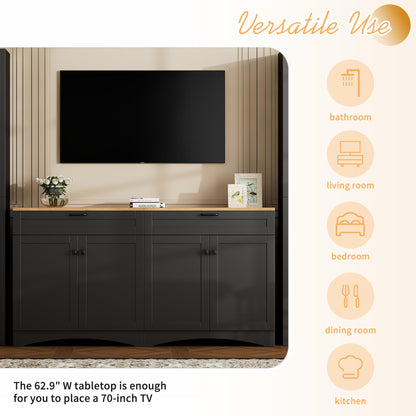 Merax Modern TV Stand Consoles for TVs up to 70'', Mid-Century Solid Wood Entertainment Center with Storage Cabinets, Practical Media Console for Living Room, Bedroom, Black