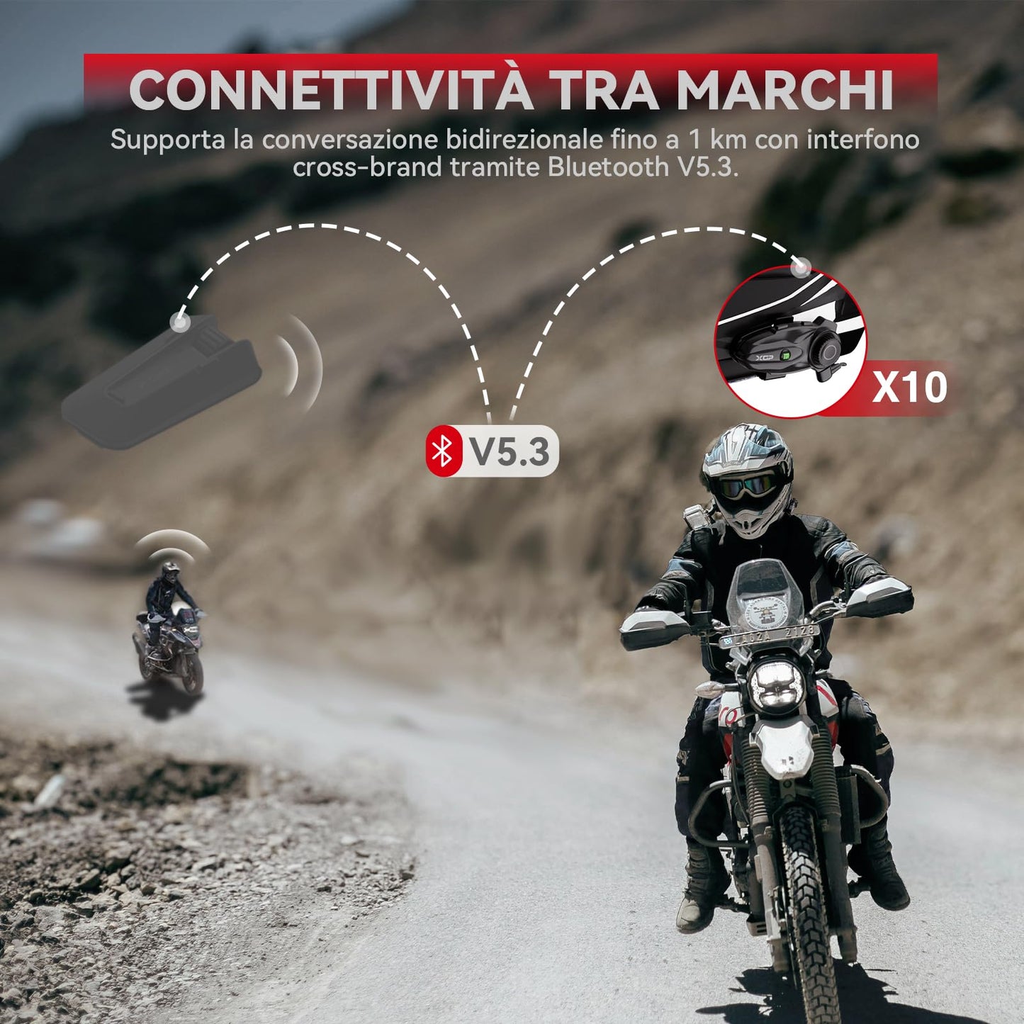 X10 10 Riders Group Mesh Motorcycle Intercom, 3000m Motorcycle Bluetooth Headset V5.3 with Audio Multitasking/Music Sharing, Helmet Communication Systems for ATV/Snowmobile/Ski, 2 Pack