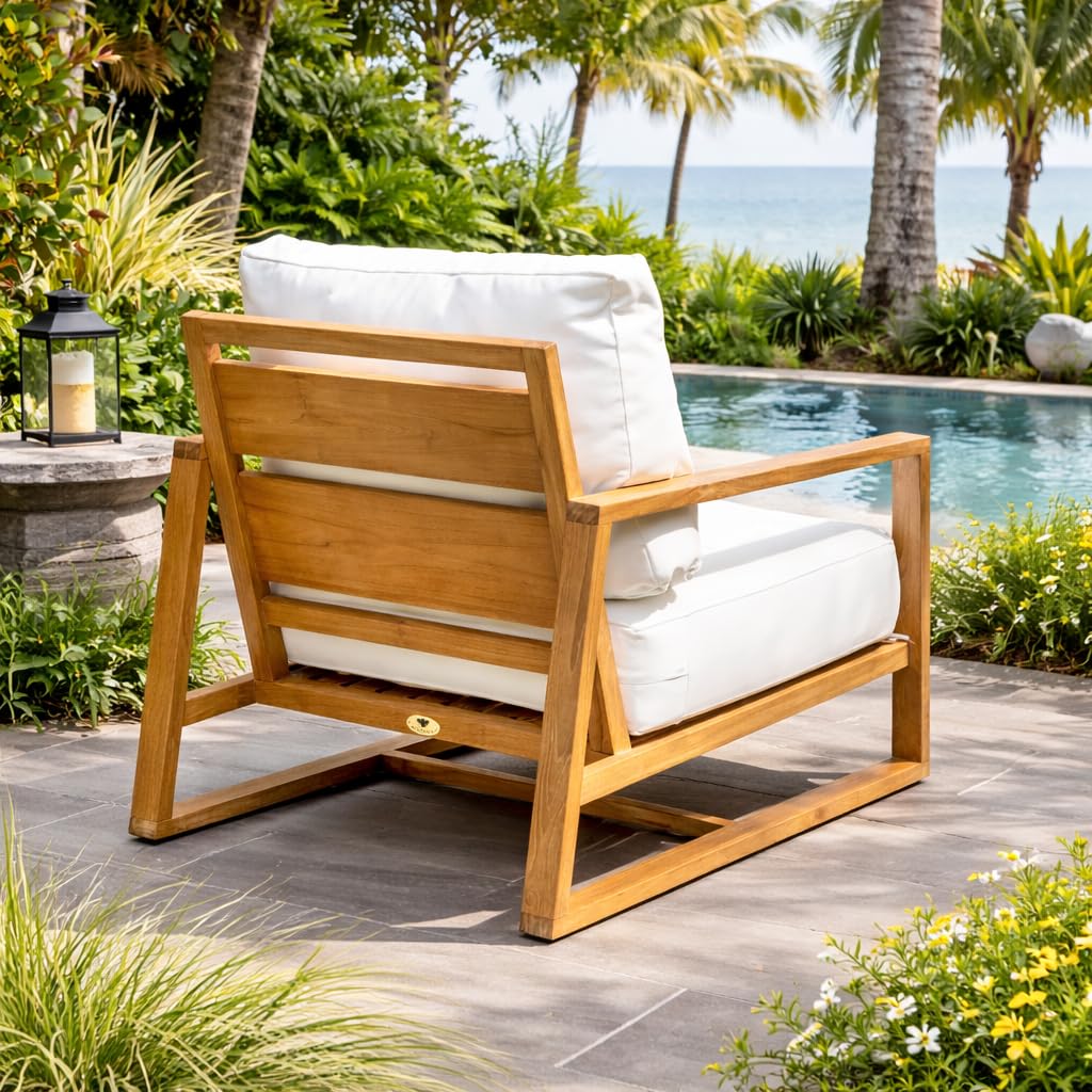 Hives & Honey Catalina Bay Grade-A Teak Lounge Chair for Patio, Outdoor Accent Chair with Quick-Dry Cushions, White