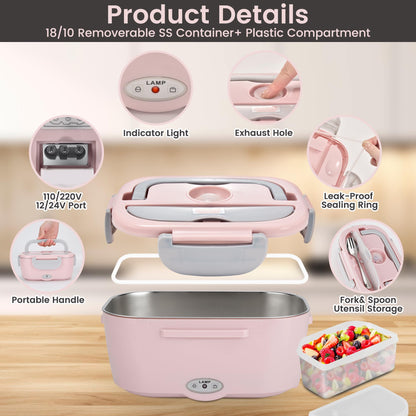 AOSION Electric Lunch Box for Adults, Heated Lunch Box 3-IN-1 80W Self Portable Food Warmer for Car/Truck/Office, Upgraded Lunch Box Leak-Proof Stainless Steel Container, Gifts for Women (Pink)