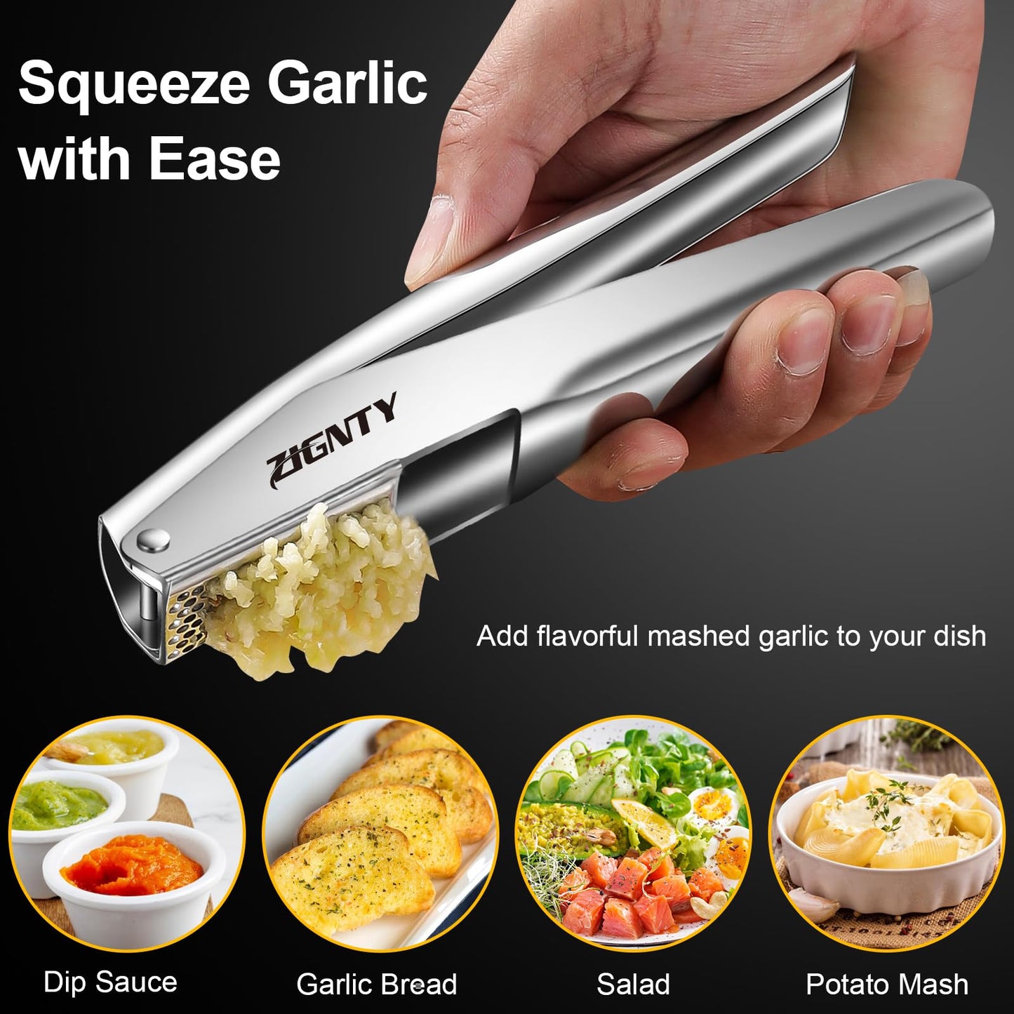 ZIGNTY Garlic Press Stainless Steel，Premium Garlic Mincer Tool，No Need to Peel Garlic Ginger Crusher & Masher Easy Squeeze Large Trough Ergonomic Handle，Rust Proof，Dishwasher Safe (5 Years Warranty)