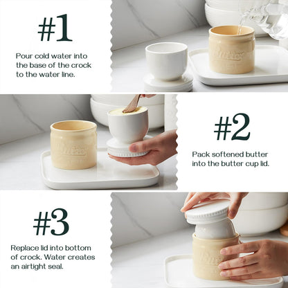 DOWAN Butter Dish, French Butter Crock With Lid for Spreadable Soft Butter, Porcelain Butter Keeper With Waterline for Counter, Embossed Butter Container Home Gift Kitchen Decor, Beige