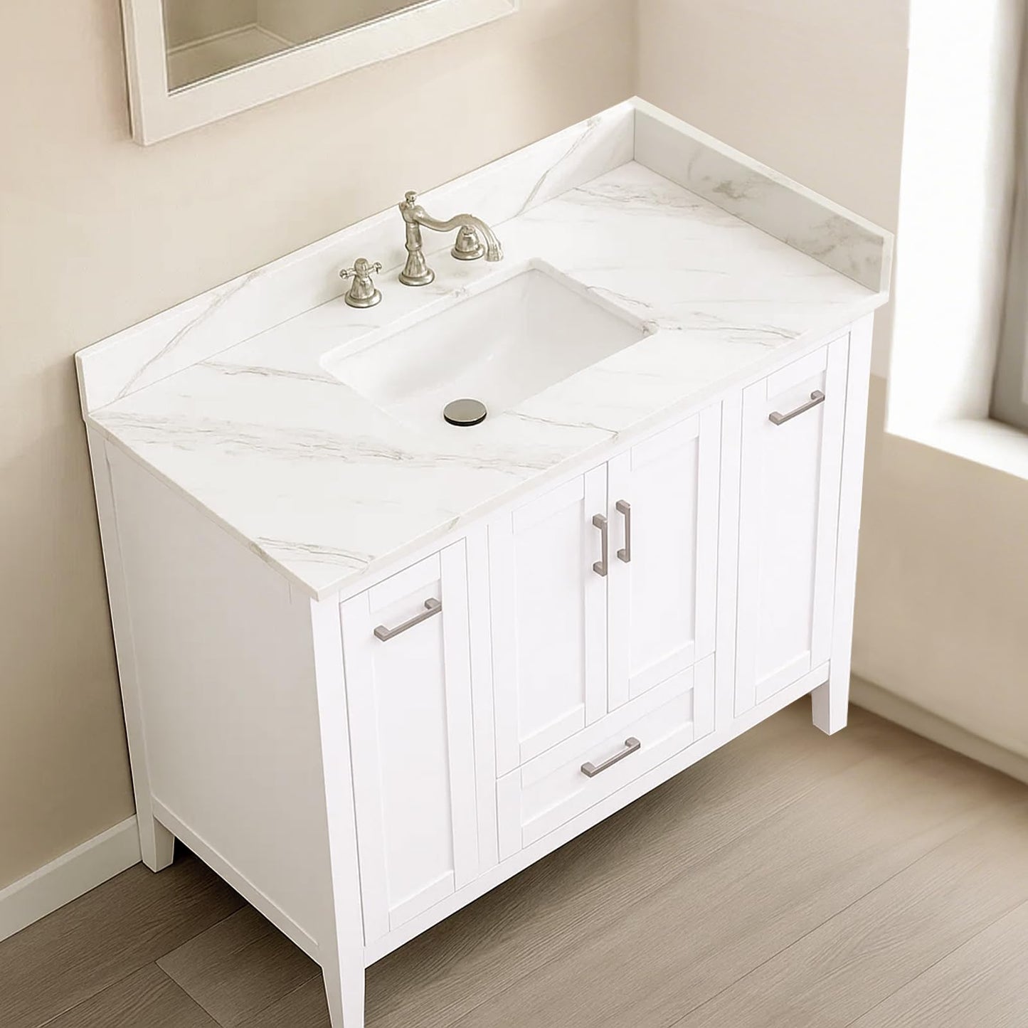 Dornberg 42"x22" Quartz Ocean White Bathroom Vanity Top, with Undermount Middle Sink Vanity Top,with One Sidesplash & One Backsplash,8 Inch Faucet Hole Spread Bathroom Vanity Sink Countertop