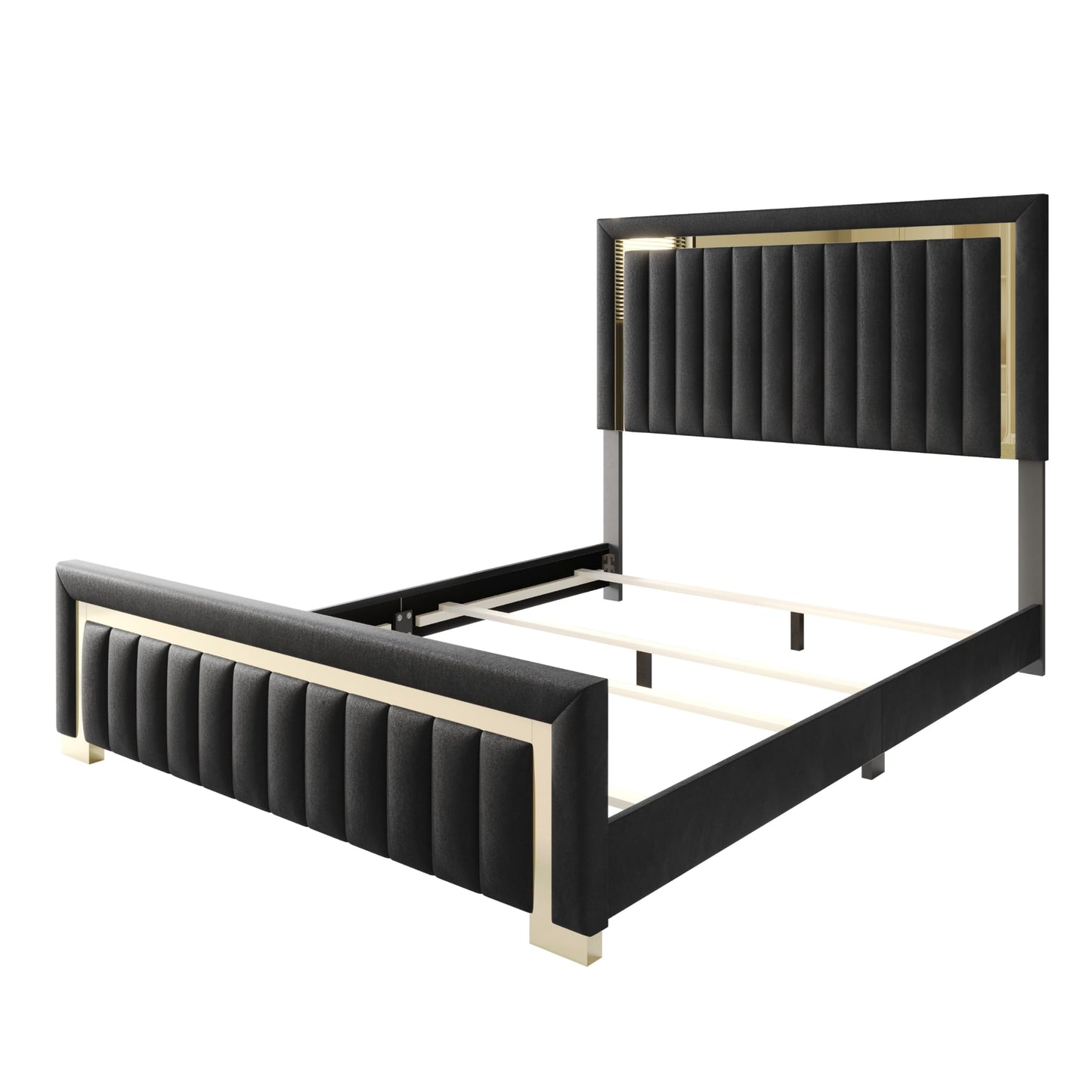 HOME DESIGN Olathe King Size Upholstered Panel Bed Frame, Vertical Channel Tufted Headboard with Gold Metal Accent, Velvet Fabric, Platform Design, Box Spring Required, Black