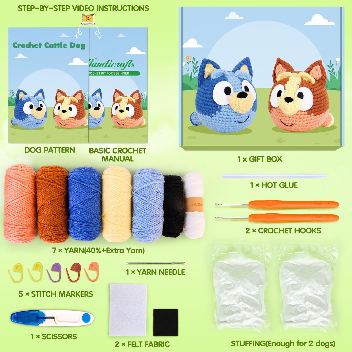 Acehochen Crochet Kit for Beginners, Beginner Crochet Kit for Adults with Step-by-Step Video Tutorials, Crochet Animal Kits Knitting Supplies (2 Pack)