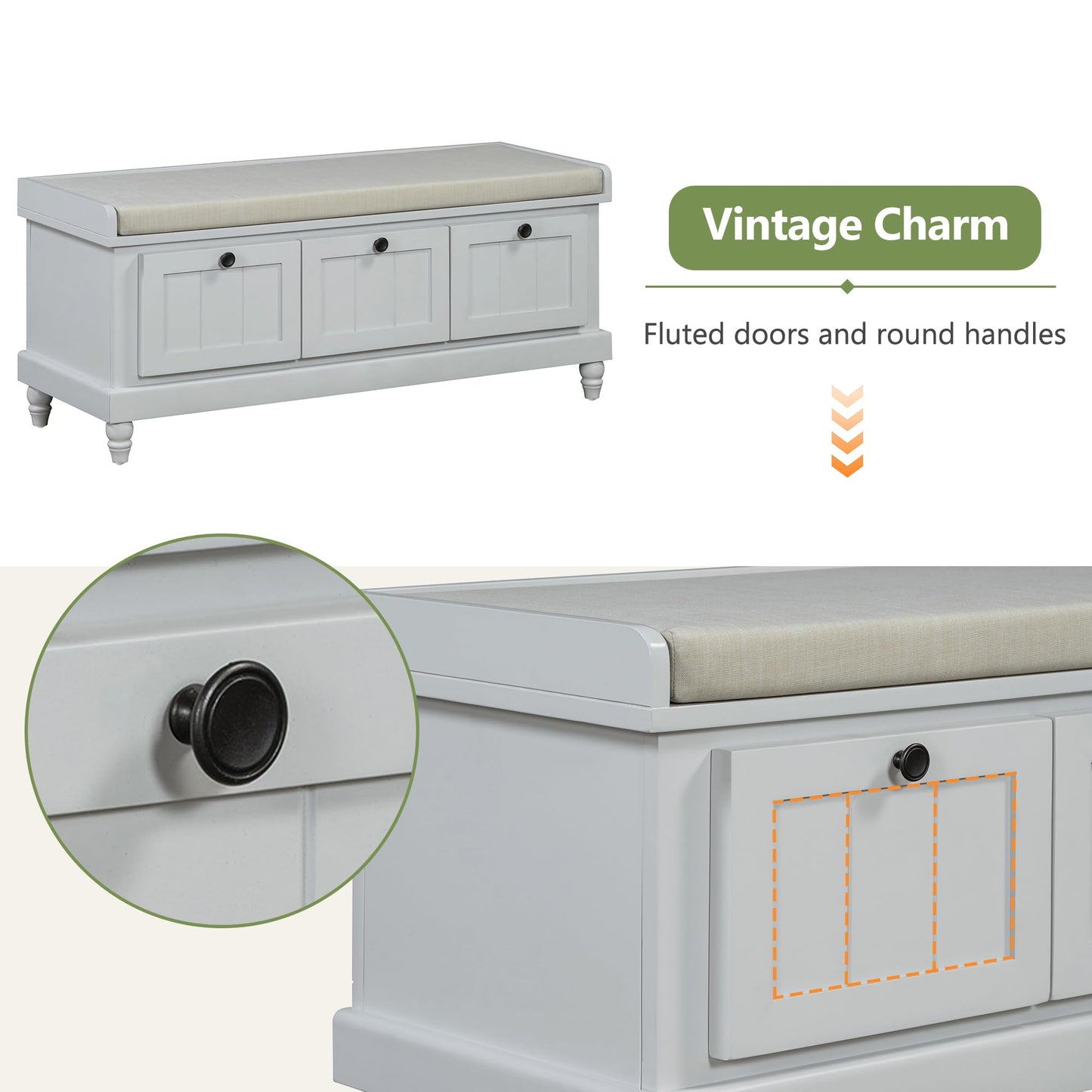 Merax Classic Storage Bench with Cushioned Seat and Three Drawers for Entryway & Living Room & Bedroom, Light Gray