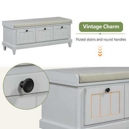 Merax Classic Storage Bench with Cushioned Seat and Three Drawers for Entryway & Living Room & Bedroom, Light Gray