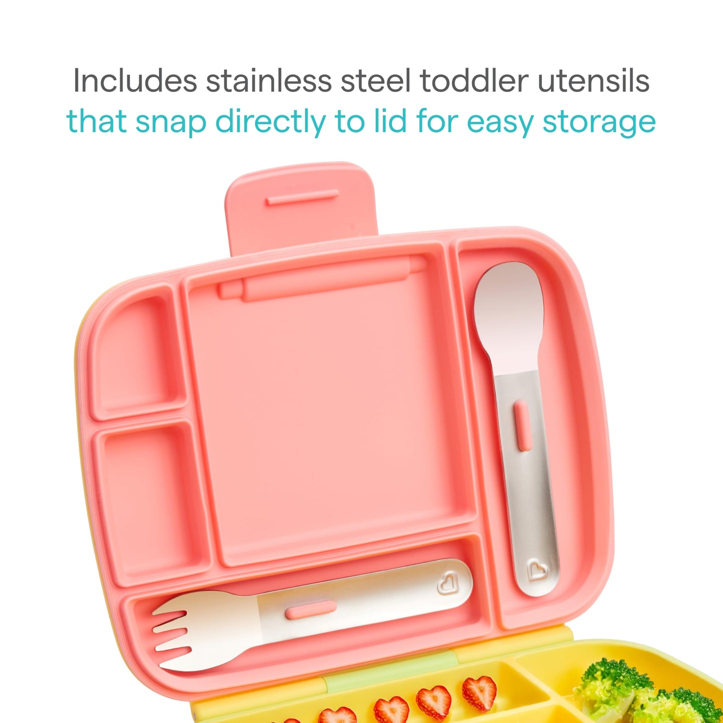 Munchkin Lunch Bento Box for Kids and Toddlers, Includes Stainless Steel Utensils, BPA-Free, 18 Months and Up, Pink/Green/Yellow
