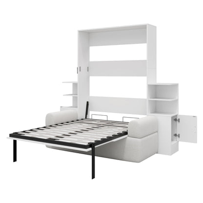Ball & Cast Murphy Bed Full Size Murphy Beds with Sofa and Storage Cabinets,Wood Wall Hideaway w/Slat Support,can be Folded,Space-Saving,for Small Room,Dorms,White
