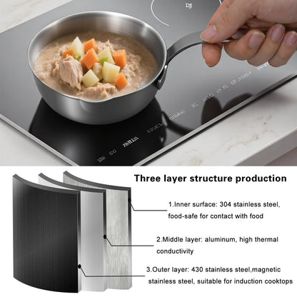 BQWII 18/10 Stainless Steel Butter Warmer, 13.5 fl oz (400ml), Ideal for Heating Milk, Butter, Sauces, Baby Food, Coffee, Chocolate, Egg Pan, Compatible with Induction & Gas Stovetops