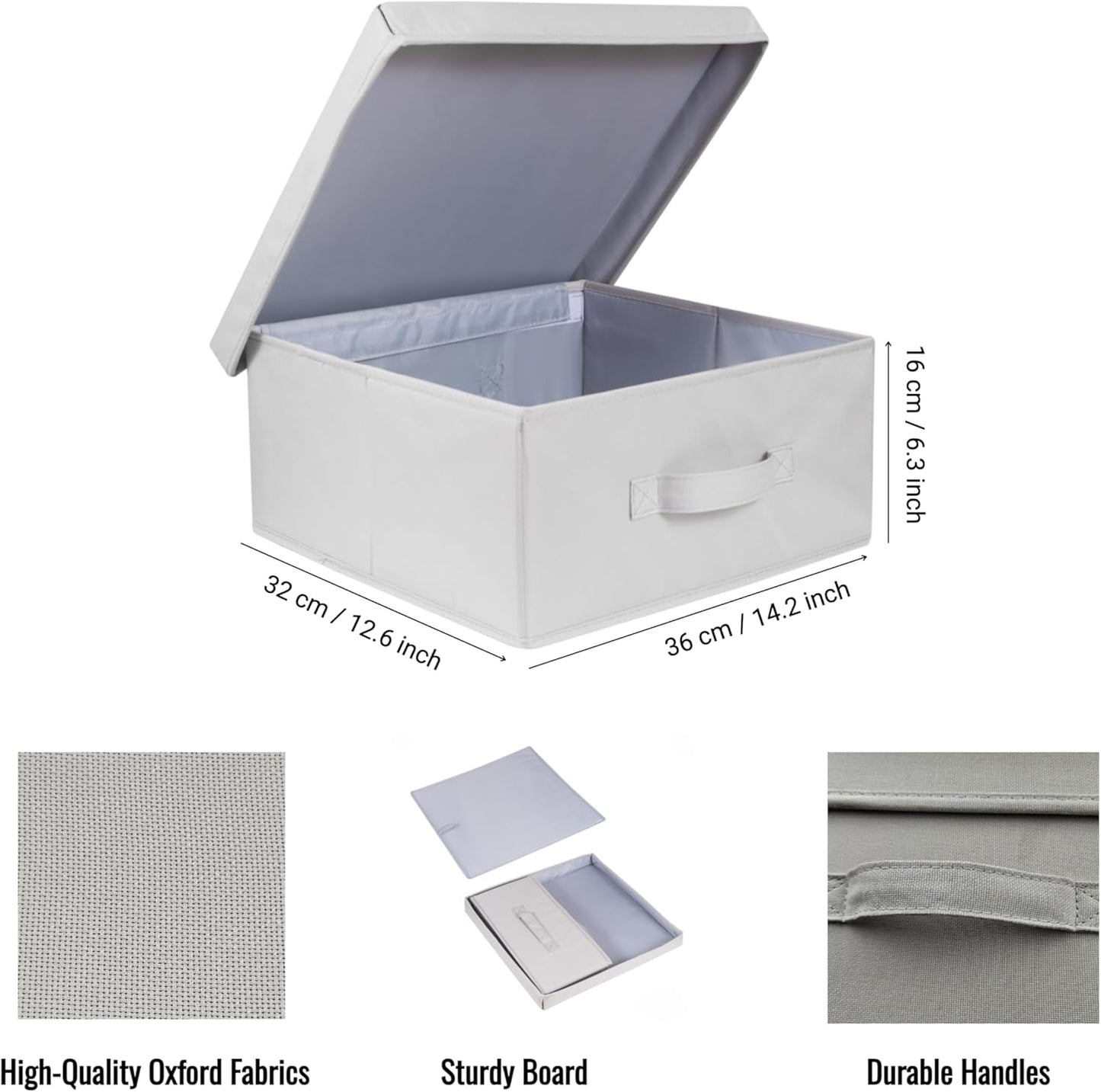 Set of 3 Light Grey Collapsible Storage Bins with Lid, Stylish Closet Organizers for DVD Storage (14.2" L x 12.6" W x