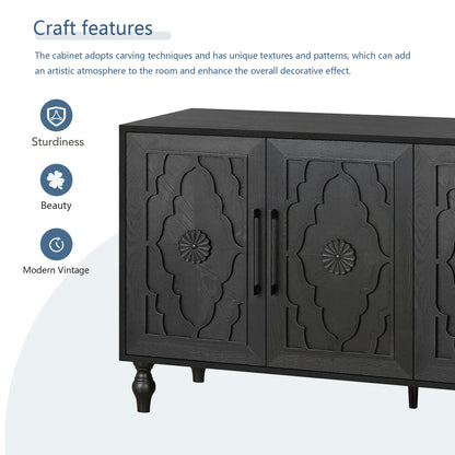 Favfurish Carved Flower Door Large Storage Cabinet,4 Doors Symmetrical Design,with Metal Handle Suitable,Adjustable Shelf,for Sleeping Room,Living Room,Kitchen,Entryway,Black