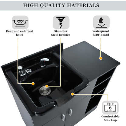 Salon Station,Shampoo Backwash Station for Salons with Shampoo Bowl & Storage Layer,Salon Equipment for Spa Beauty, Black Color