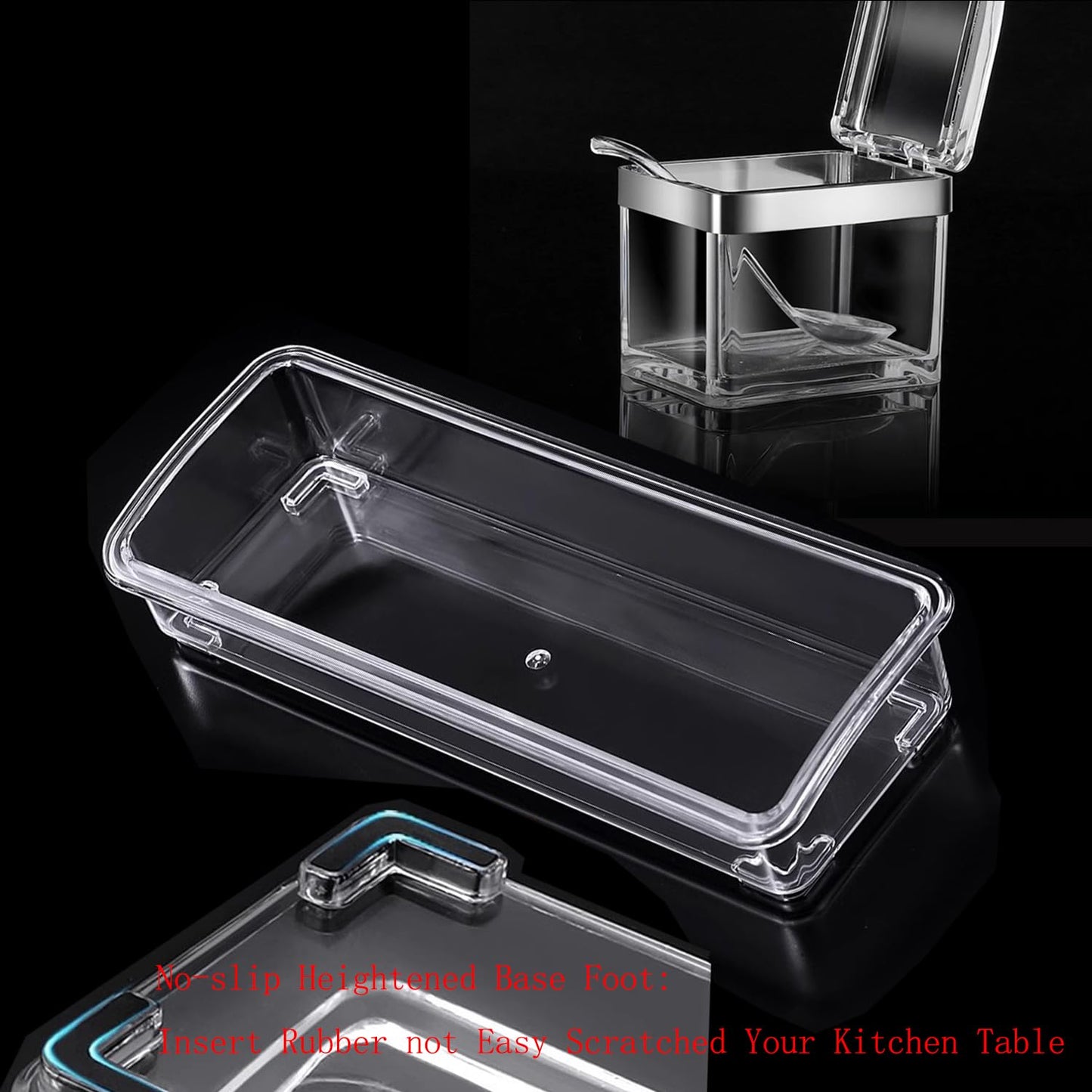 TENTA KITCHEN Gourmet Acrylic Seasoning Box - Premium Quality Pure Acrylic Container and Case- 18/8 Stainless Steel Ring - 4 Serving Spoons -Luxurious Condiment Cruet Bottle, Spice Jar Set