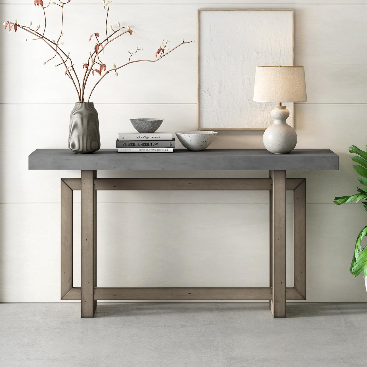 Merax Wood Entryway Console Table, Modern Line Frame with Industrial Concrete Top, for Living Room/Hallway/Foyer, Grey