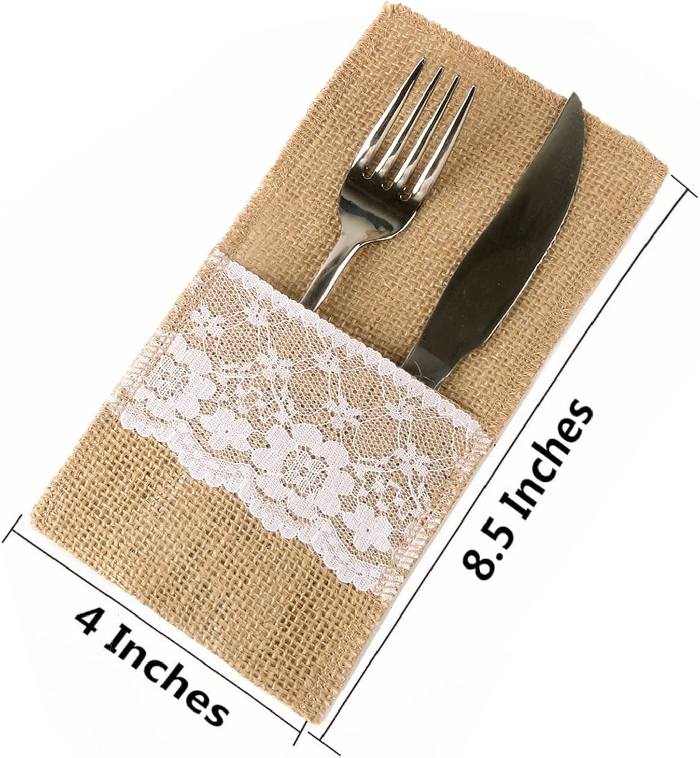 FQTANJU 50 PCS Burlap Lace Utensil Cutlery Holders Pouch for Rustic Wedding Party Decorations, 4"x8"