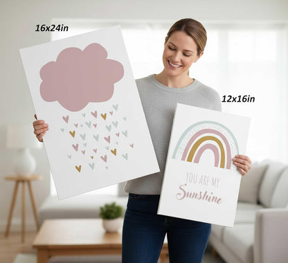 3 Pcs Boho Nursery Canvas Wall Art You Are My Sunshine Pink Sun Rainbow Cloud Painting Pictures Wall Decor Poster Print