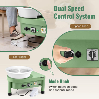Huanyu Pottery Wheel Machine, 12-Inch Bat System Manual & Foot Pedal Control Electric Ceramic Wheel Forming Machine Art Clay DIY Sculpting Tool Kit (Green)