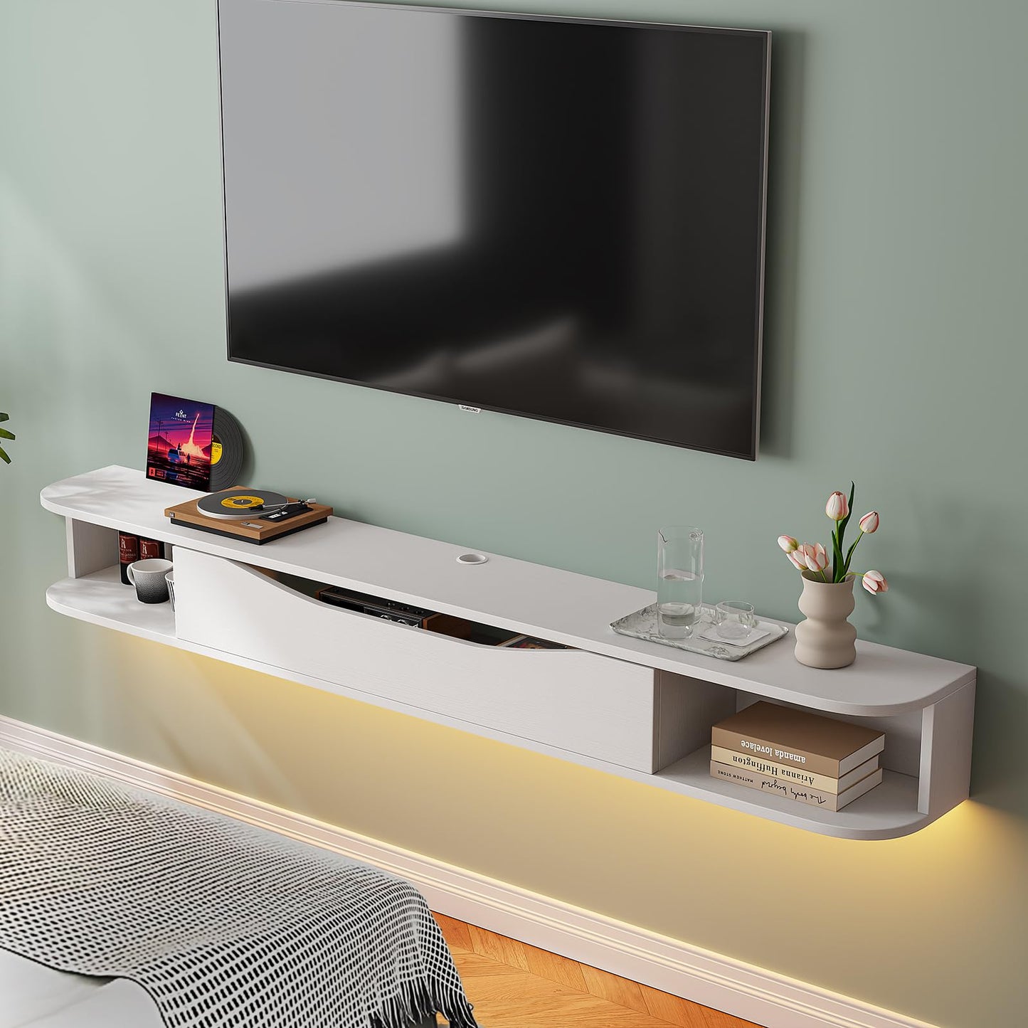 FurniNova 70'' Floating TV Stand, Modern Wall Mounted Media Console for 75 inch TV,Floating Entertainment Center with Storage,Under TV Shelf for Living Room Bedroom,White