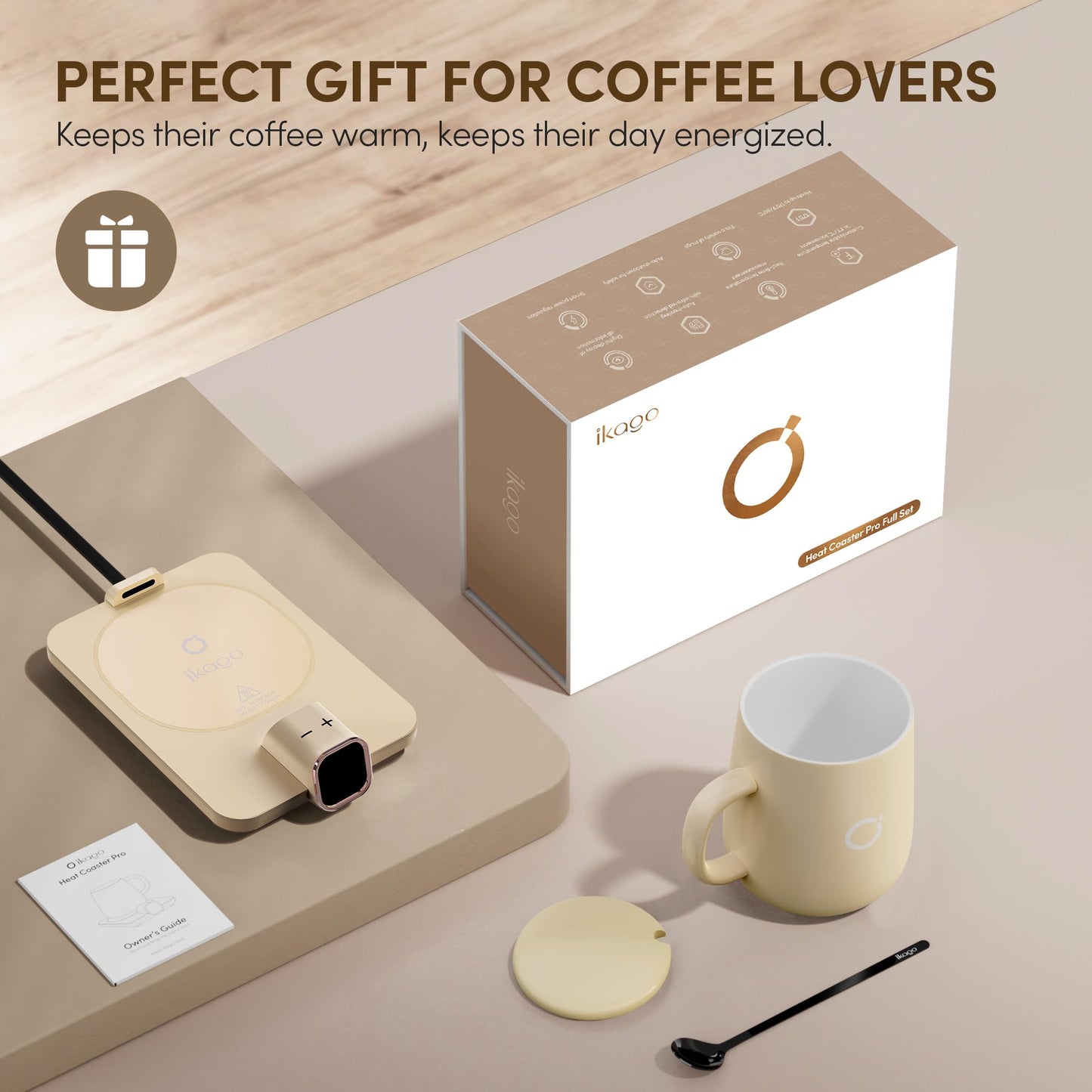 Coffee Mug Warmer & iKago Mug Set, Temperature Control Smart Heated Mug for Desk, Electric Coffee Warmer with Auto Shut Off & Real-Time Temp Display, Gifts for Men Women, 15oz Ceramic Mug