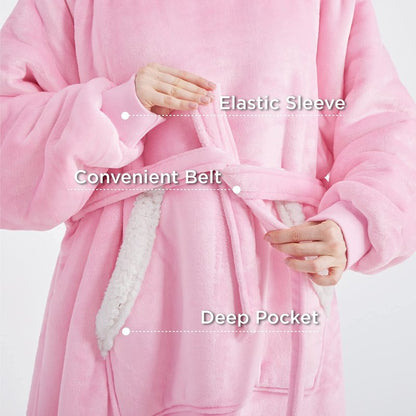Bedsure Oversized Blanket Hoodie - Long-length Wearable Hooded Blanket Sweatshirt with Side Split, Belt and Big Hood, Giant Warm Sherpa Sweater Blanket Jacket, Pink
