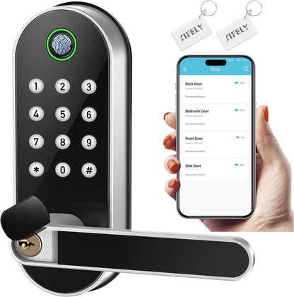 Keyless Entry Fingerprint Smart Lock with Handle & Keypad: Sifely Biometric Digital Electronic Lock with Code, Electric Deadbolt Door Knob for Front, Interior, Exterior & Bedroom Doors (Black)
