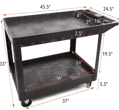 Tubstr Extra Large Two-Shelf Utility Cart with Wheels (2-Pack) | 500 lb. Capacity Rolling Utility & Tool Carts for Warehouses, Industrial Settings, Auto Garages, & More (Black, 45.5 x 24.5)